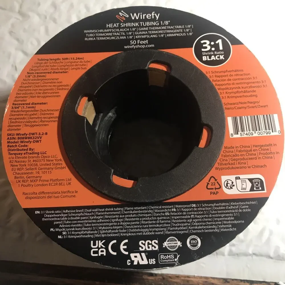 Wirefy Heat Shrink Tubing 1/8” 50 Feet Black 3:1 Shrink — New Factory Sealed